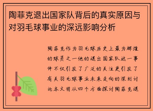 陶菲克退出国家队背后的真实原因与对羽毛球事业的深远影响分析 陶菲克退出国家队背后的真实原因与对羽毛球事业的深远影响分析